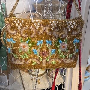 Embellished Gold Beaded Floral Clutch